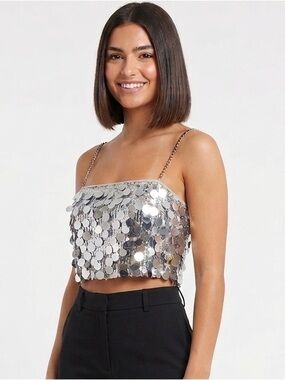 CIDER Metallic Sequin Party Crop Cami Top Chain Straps Shiny Sparkly Party Large